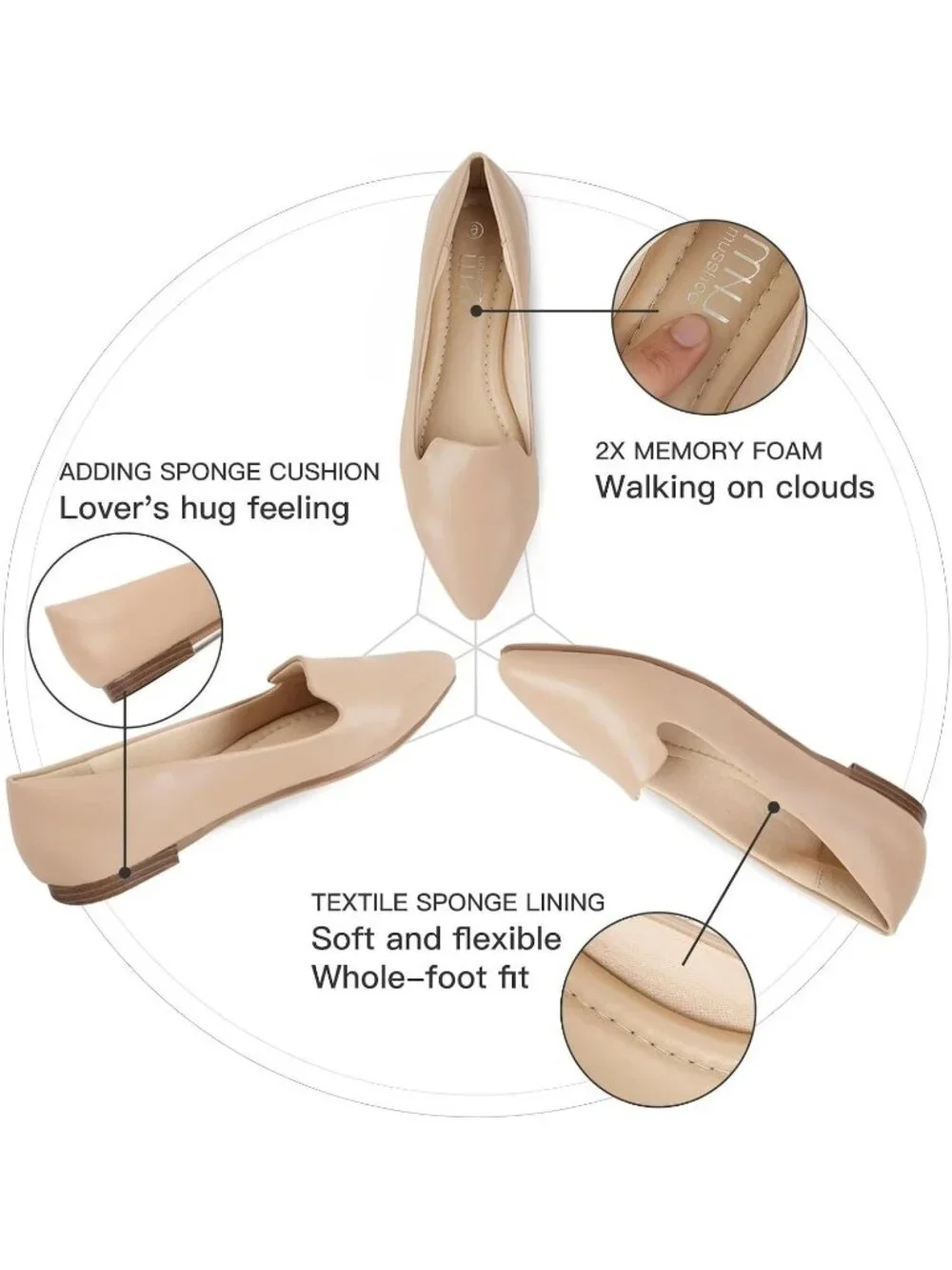 Women's Nude Comfortable Pointed Toe Memory Foam Casual Work Slip On Flat Shoes